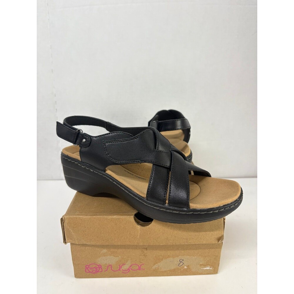 Clarks Merliah Echo Heeled Black Leather Open Toe Sandals Women's Shoes Size 8M